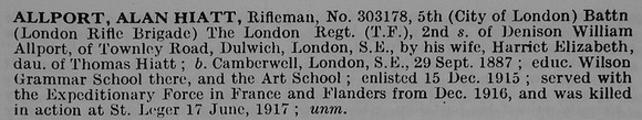 Allport A H Rfn 303178 5th London Regiment