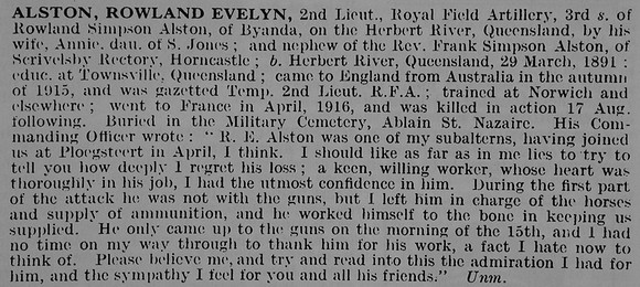 Alston R E 2nd Lt Royal Field Artillery