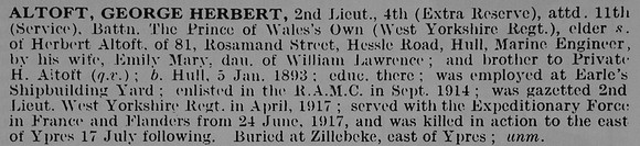 Altoft G H 2nd Lt 11th West Yorkshire Regiment