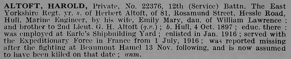 Altoft H Pte 22376 12th East Yorkshire Regiment