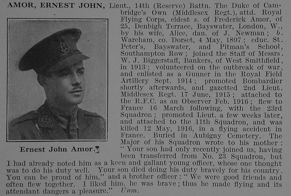 Amor E J Lt 14th Middlesex Regiment Obit De Ruvignys Roll Of Honour Vol 3