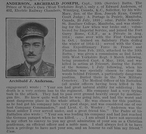 Anderson A J Captain 10th West Yorkshire Regiment Obit De Ruvignys Roll Of Honour Vol 3
