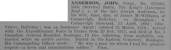 Anderson J Cpl 10th Kings Liverpool Regt Obit  De Ruvignys Roll Of Honour Vol 3