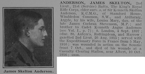 Anderson J S 2nd Lt 21st King's Royal Rifle Corps Obit De Ruvignys Roll Of Honour Vol 3