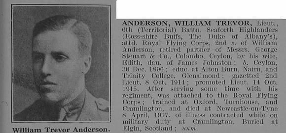 Anderson W T Lt 6th Seaforth Highlanders attd RFC Obit De Ruvignys Roll Of Honour Vol 3