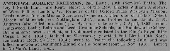 Andrews R F 2nd Lt 10th Loyal North Lancs Regiment