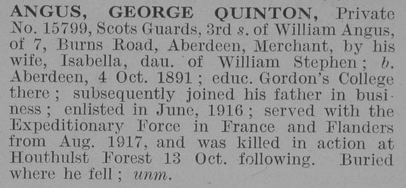 Angus G Q Pte 15799 Scots Guards Obit De Ruvignys Roll Of Honour Vol 3