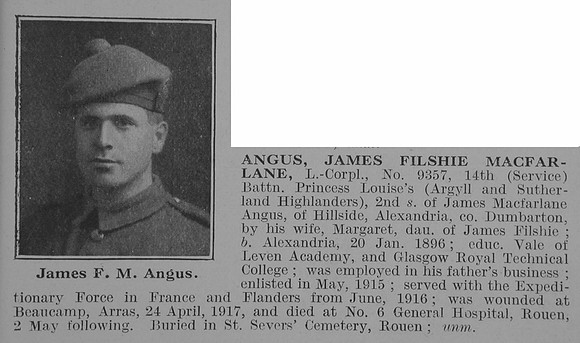 Angus J F M L/Cpl 14th Argyll & Sutherland Highlanders Obit De Ruvignys Roll Of Honour Vol 3