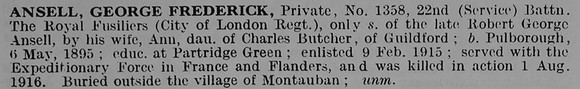 Ansell G F Pte 1358 22nd Royal Fusiliers