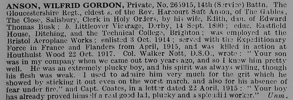 Anson W G Pte 26595 14th Gloucestershire Regiment