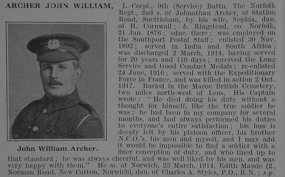 Archer J W L/Cpl 9th Norfolk Regiment Obit De Ruvignys Roll Of Honour Vol 3