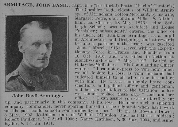 Armitage J B Captain 5th Cheshire Regt Obit De Ruvignys Roll Of Honour Vol 3
