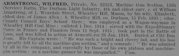 Armstrong W Pte 22352 15th Durham Light Infantry Obit De Ruvignys Roll Of Honour Vol 3