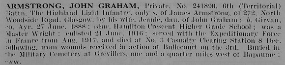 Armstrong J G Pte 241890 6th Highland Light Infantry