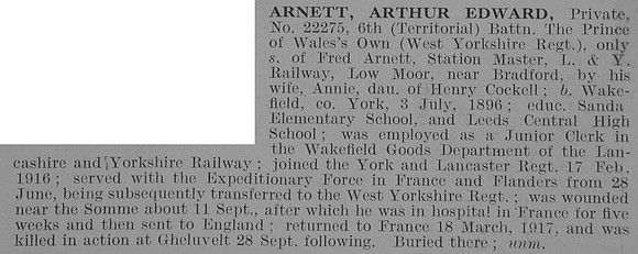Arnett A E Pte 22275 6th West Yorkshire Regiment Oit De Ruvignys Roll Of Honour Vol 3