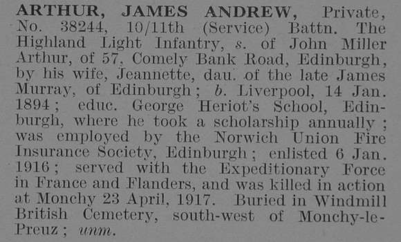 Arthur J A Pte 11th Highland Light Infantry Obit De Ruvignys Roll Of Honour Vol 3