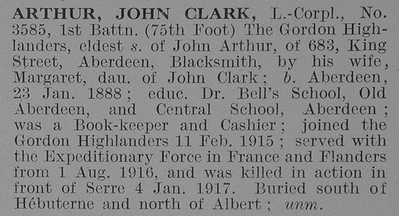 Arthur J C L/Cpl 1st Gordon Highlanders Obit De Ruvignys Roll Of Honour Vol 3