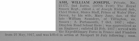 Ash W J Pte 21177 2nd Royal Sussex Regiment Obit De Ruvignys Roll Of Honour Vol 3
