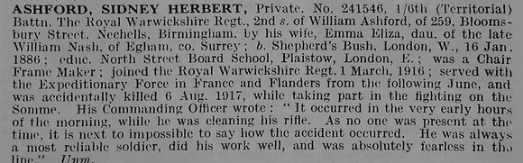 Ashford S H Pte 241546 6th Royal Warwickshire Regiment