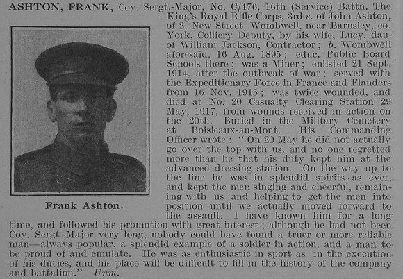 Ashton F Coy Sergt Major 16th King's Royal Rifle Corps Obit De Ruvignys Roll Of Honour Vol 3