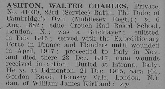 Ashton W C Pte 23rd Middlesex Regiment Obit De Ruvignys Roll Of Honour Vol 3
