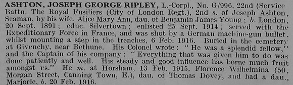 Ashton J G R L/Cpl G/996 22nd Royal Fusiliers