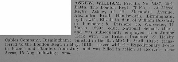 Askew W Pte 5487 20th London Regiment Obit De Ruvignys Roll Of Honour Vol 3