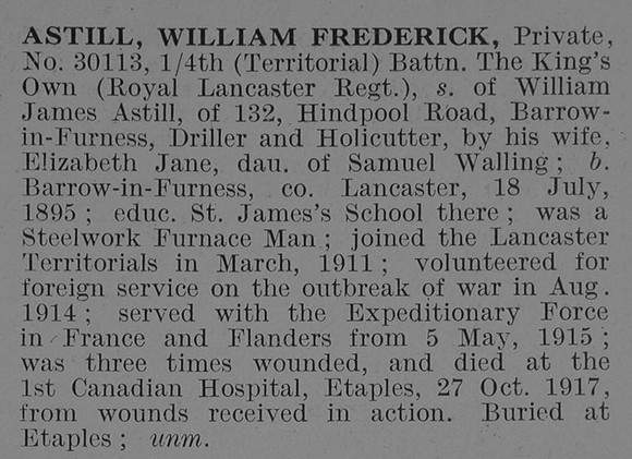 Astill W F Pte 4th Kings Own Obit De Ruvignys Roll Of Honour Vol 3