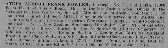 Atkin A F F L/Cpl 25 2nd East Surrey Regiment