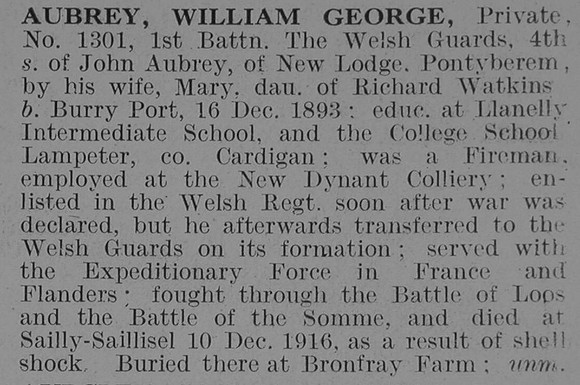 Aubrey W G Pte 1st Welsh Guards Obit De Ruvignys Roll Of Honour Vol 3