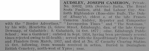 Audsley J C Pte 30632 10th Royal Scots Fusiliers Obit De Ruvignys Roll Of Honour Vol 3