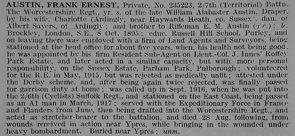 Austin F E Pte 235223 7th Worcestershire Regiment