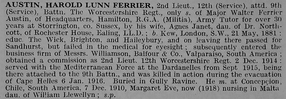 Austin H L F 2nd Lt 9th Worcestershire Regiment