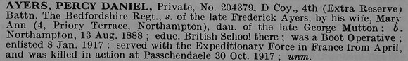 Ayers P D Pte 204379 Bedfordshire Regiment