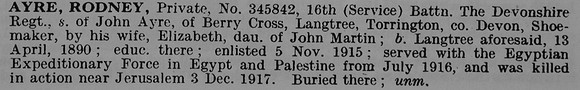 Ayre R Pte 345842 16th Devonshire Regiment