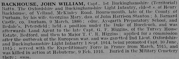 Backhouse J W Captain Bucks Btn Oxford Bucks LI
