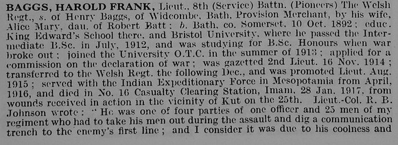 Baggs H F Lt 8th Welsh Regt Obit Part 1