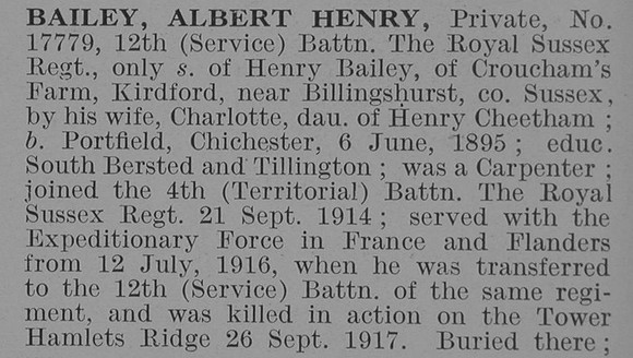 Bailey A H Pte 12th Royal Sussex Regiment Obit De Ruvignys Roll Of Honour Vol 3