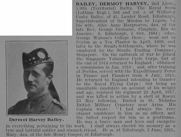 Bailey D H 2nd Lt 8th Royal Scots Obit De Ruignys Roll Of Honour Vol 3