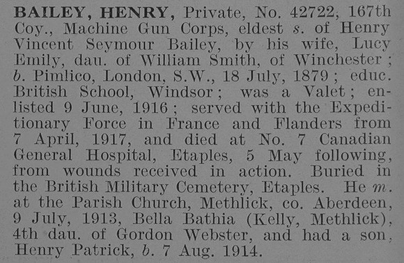 Bailey H Pte Machine Gun Corps Obit De Ruvignys Roll Of Honour Vol 3