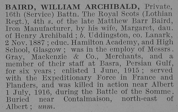 Baird W A Pte 16th Royal Scots Obit De Ruvignys Roll Of Honour Vol 3