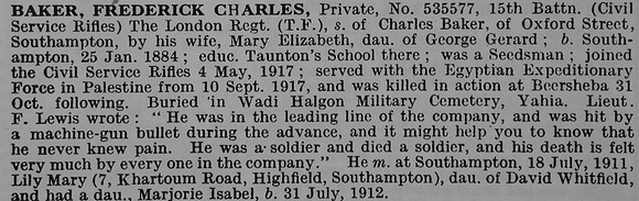Baker F C Pte 535577 15th London Regiment