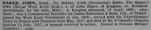 Baker J Sergt 201655 4th Royal West Kent Regiment