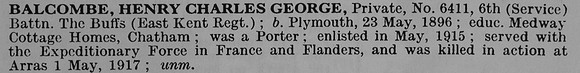 Balcombe H C G Pte 6411 6th East Kent Regiment
