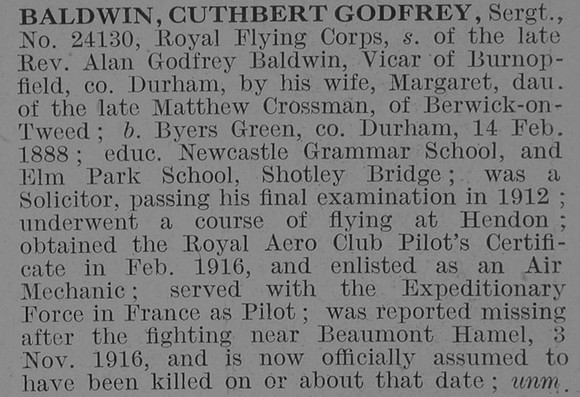 Baldwin C G Sergt RFC Obit De Ruvignys Roll Of Honour Vol 3