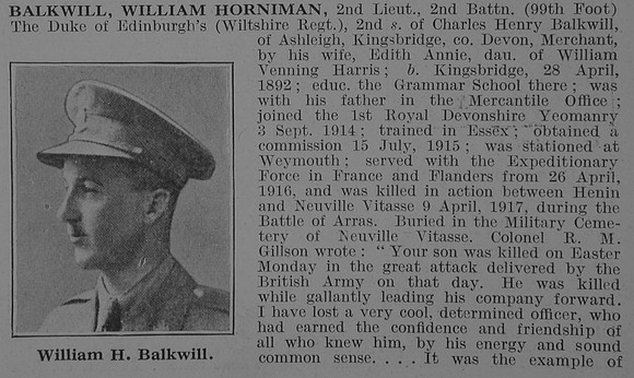 Balkwill W H 2nd Lt 2nd Wiltshire Regiment Obit Part 1 De Ruvignys Roll Of Honour Vol 3