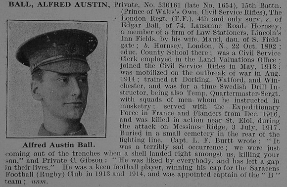 Ball A A Pte 15th London Regt Obit De Ruvignys Roll Of Honour Vol 3
