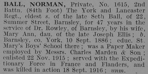 Ball N Pte 2nd York & Lancs Regiment Obit De Ruvignys Roll Of Honour Vol 3