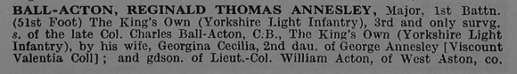 Ball-Acton R T A Major 1st Kings Own Yorkshire Light Infantry Obit Part 1 De Ruvignys Roll Of Honour Vol 3