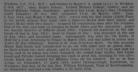 Ball-Acton R T A Major 1st Kings Own Yorkshire Light Infantry Obit Part 2 De Ruvignys Roll Of Honour Vol 3